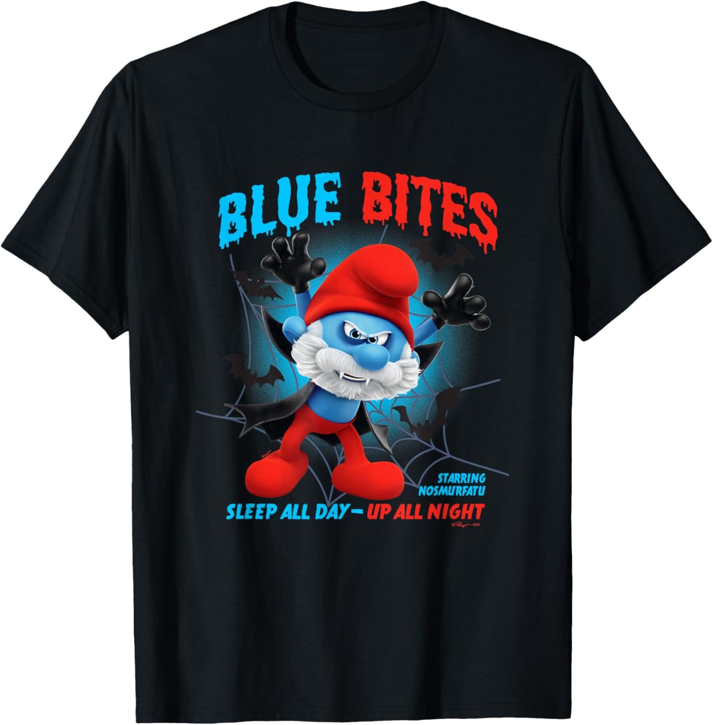 The Smurfs Halloween Papa Smurf Blue Bites Big Chest Logo T-Shirt - T-Shirt | Black