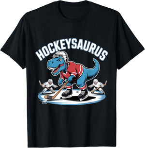 Ice Hockey Dinosaur Saurus T-Rex Funny Hockeysaurus T-Shirt - T-Shirt | Black