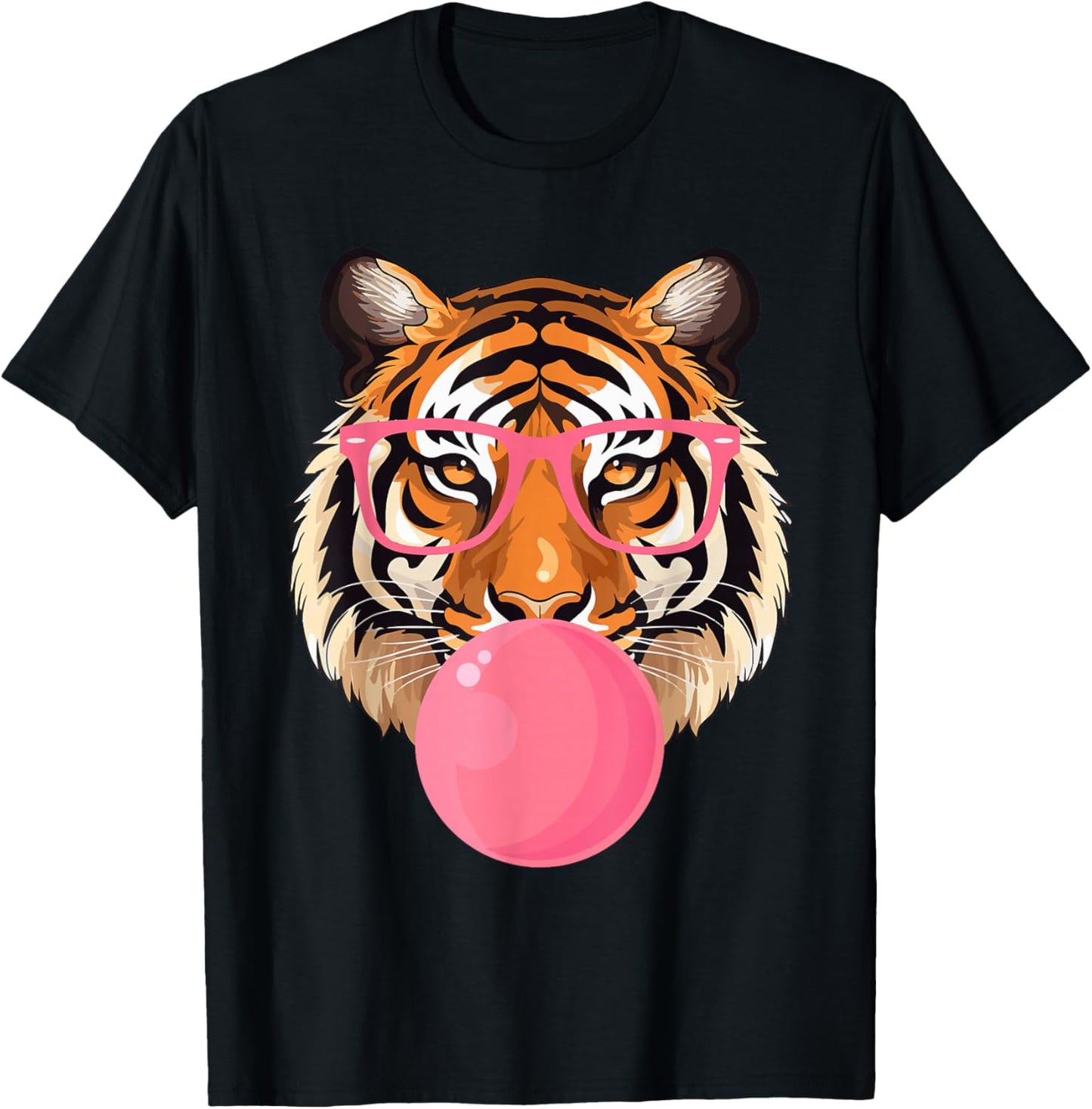 Funny Tiger Glasses Blowing Bubble Gum Cute Tiger Face T-Shirt - T-Shirt | Black