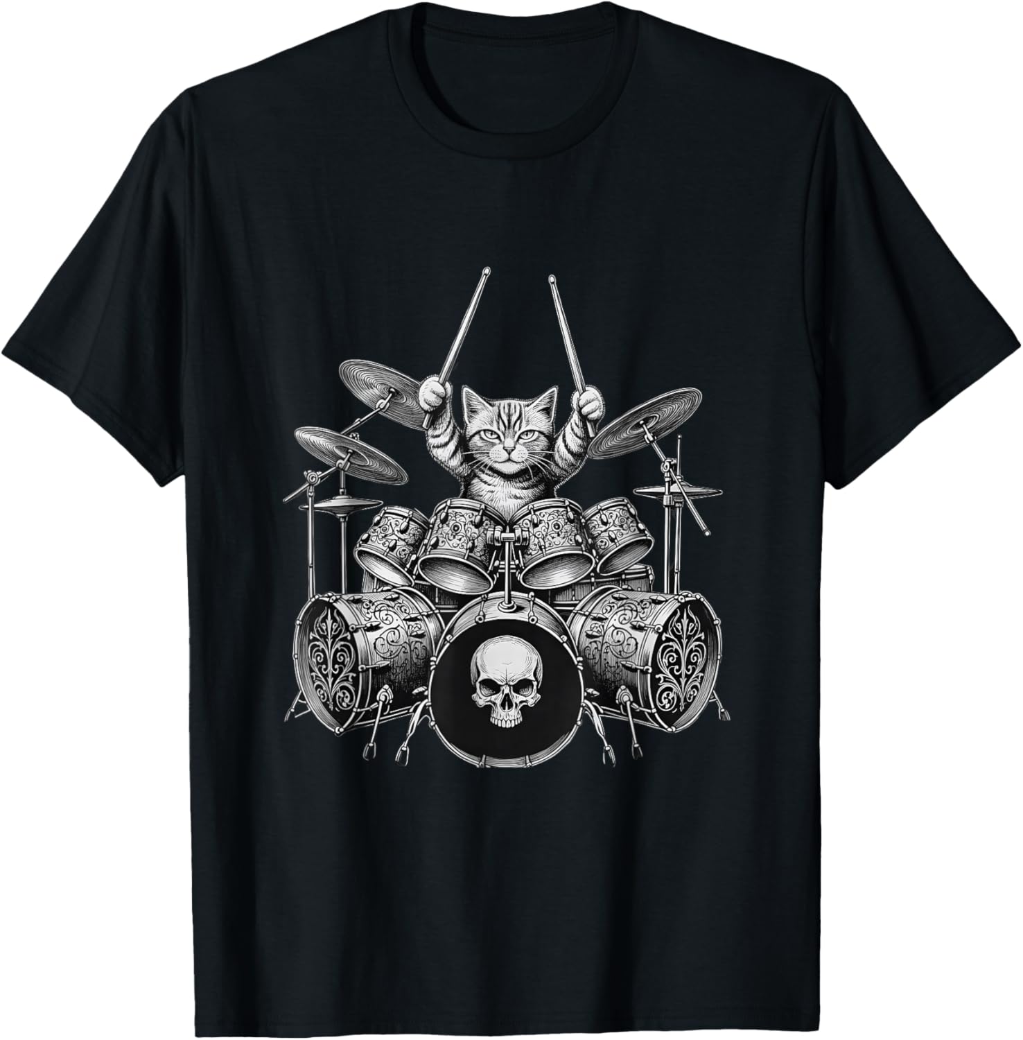 Cat Drummer Drum Kit Skull Rock Music Lover Women T-Shirt - T-Shirt | Black