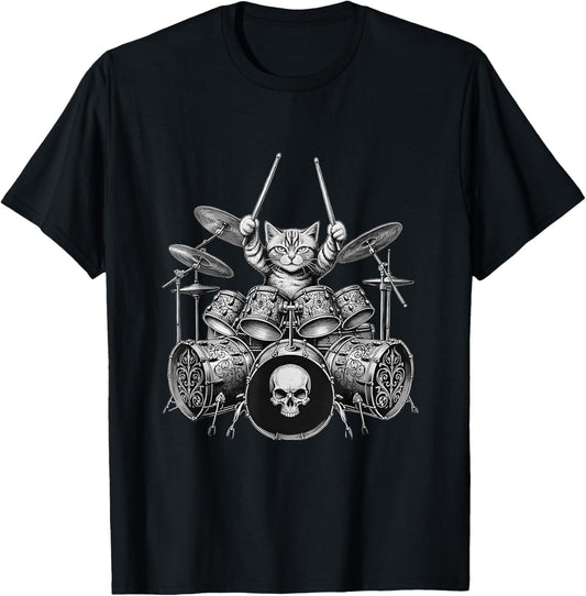 Cat Drummer Drum Kit Skull Rock Music Lover Women T-Shirt - T-Shirt | Black