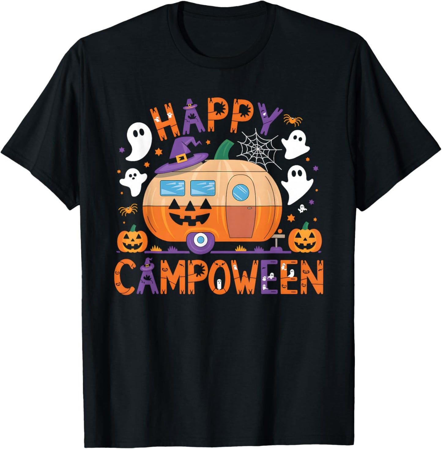 Happy Camp-O-Ween Halloween Camping Ghosts and Campfires T-Shirt - T-Shirt | Black