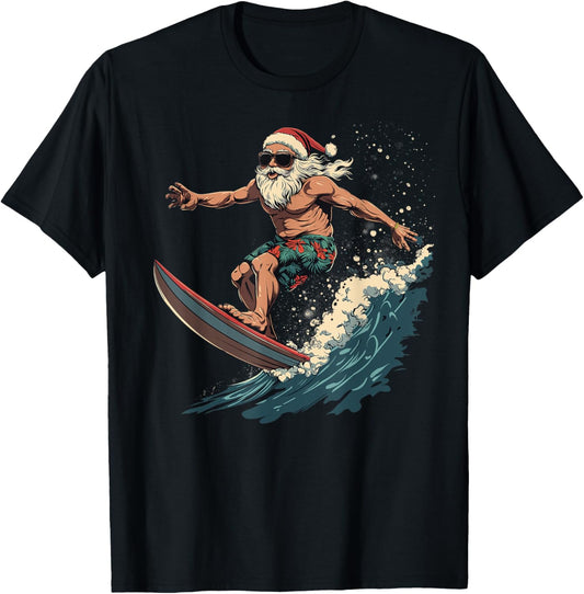 Fun Surfing Santa Hawaii Christmas Waves Surf lover T-Shirt - T-Shirt | Black
