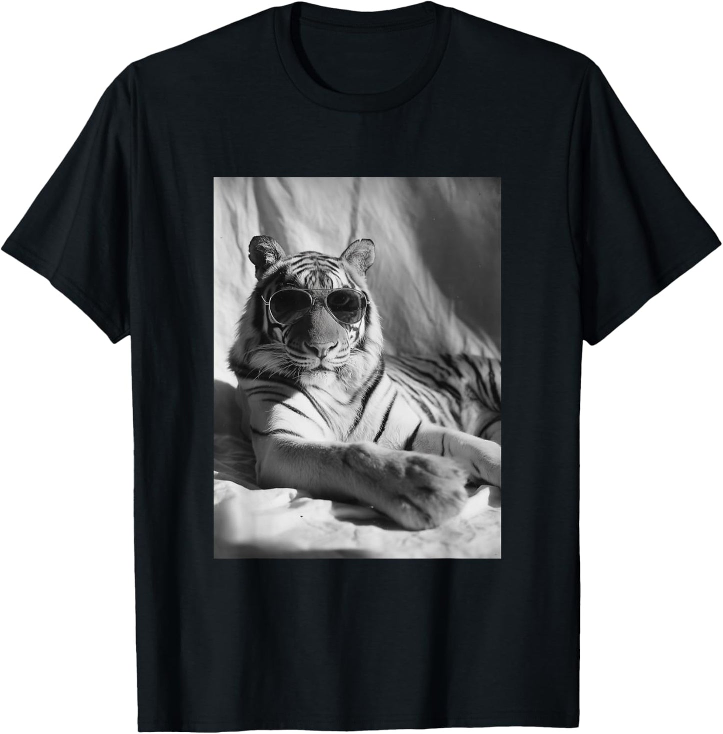 Elegant Tiger with Sunglasses Feline Animal Photography T-Shirt - T-Shirt | Black