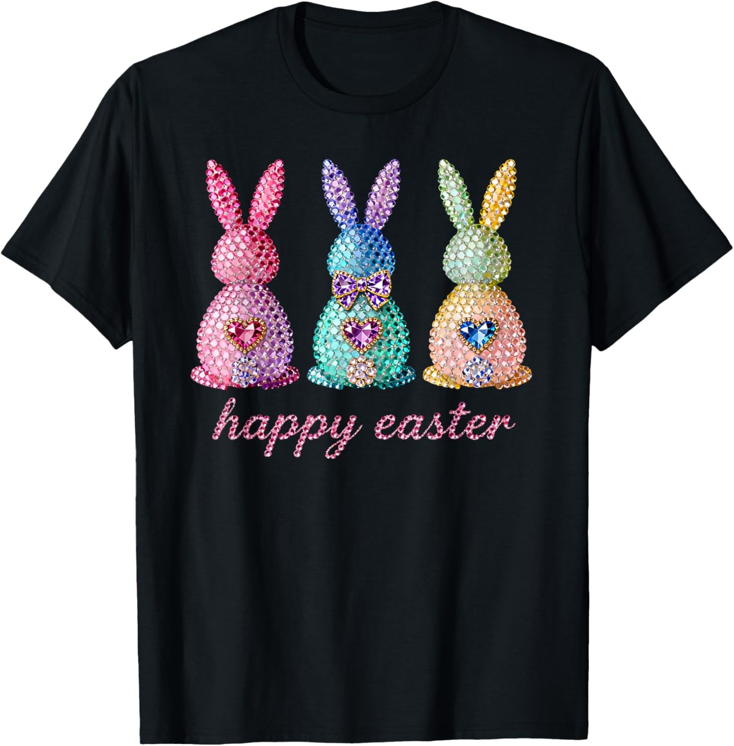 Funny Three Bunnies Rabbit Eggs Happy Easter Trendy Sparkly T-Shirt - T-Shirt | Black