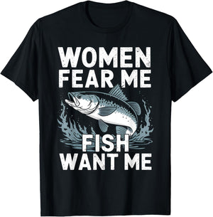 Vintage Women Want Me Fish Bass Fear Me Funny Lover Fishing T-Shirt - T-Shirt | Black