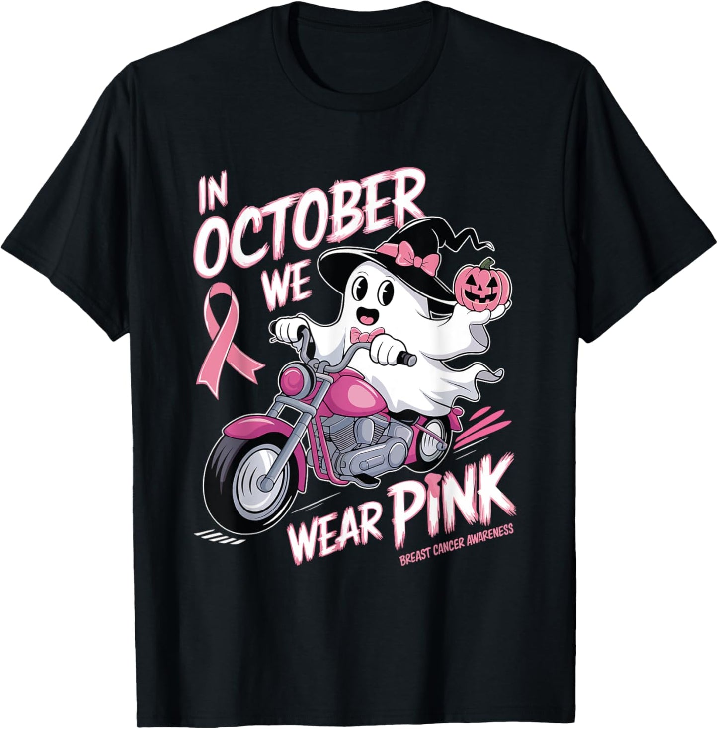 In October We Wear Pink Ghost Riding Motorcycle Halloween T-Shirt - T-Shirt | Black