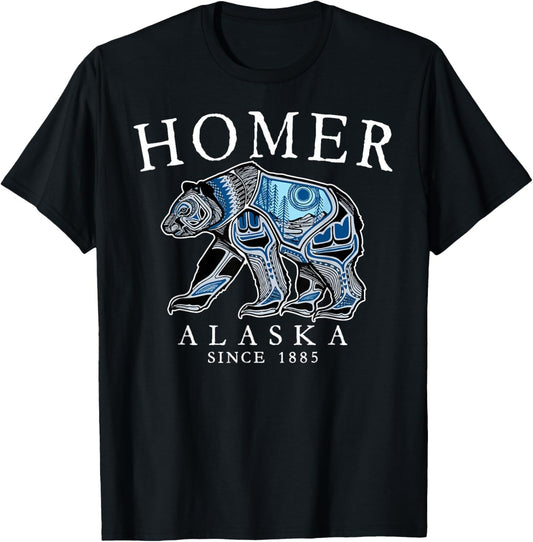 Homer Alaska Tribal Art Bear Since 1885 White Letters T-Shirt - T-Shirt | Black