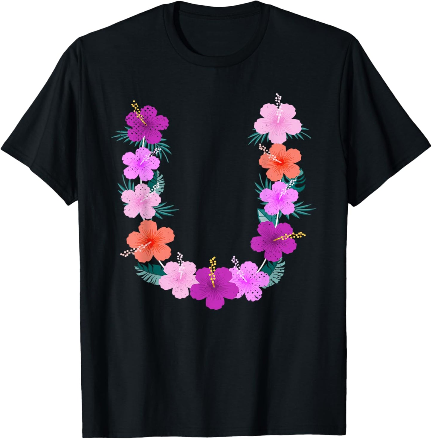 Men Women Colorful Flower Chain Summer Vacation Hawaii Lei T-Shirt - T-Shirt | Black