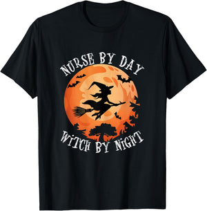 Funny Halloween Nurse By Day Witch By Night Women Nurse T-Shirt - T-Shirt | Black
