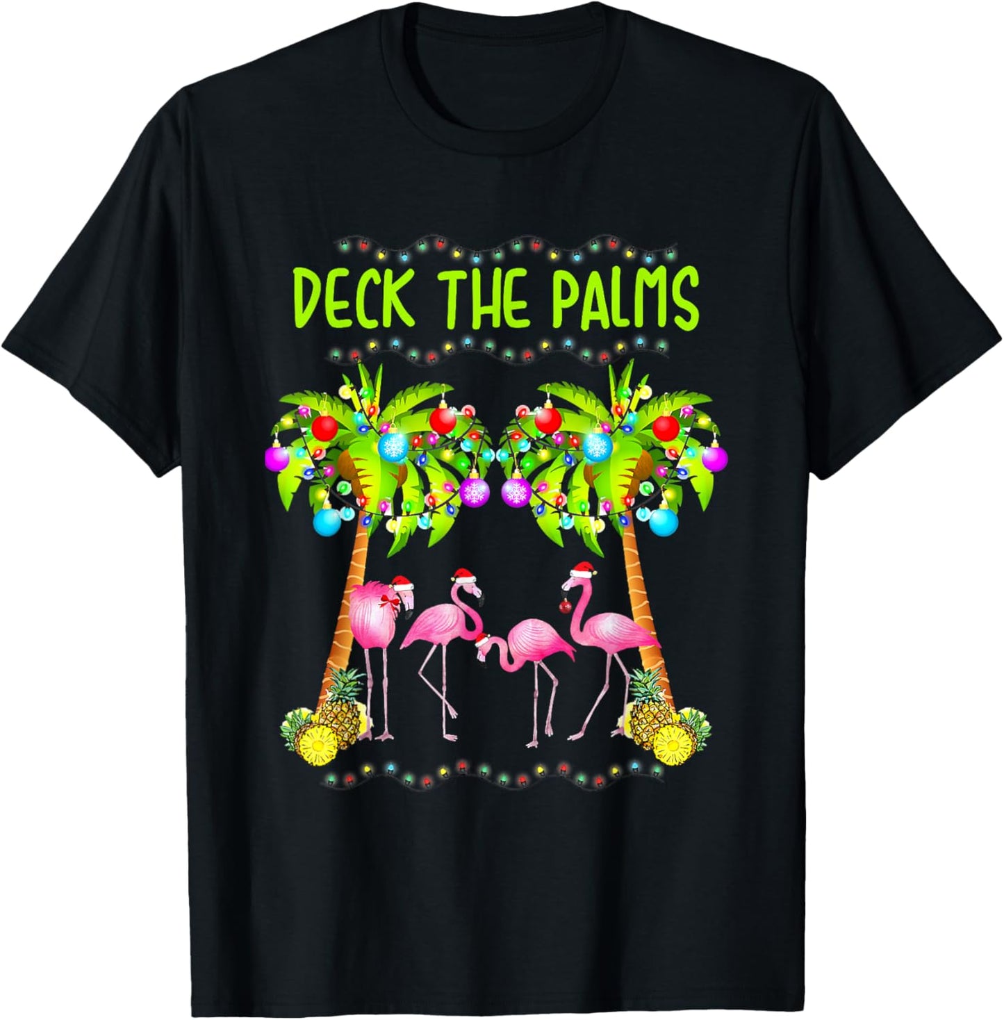 Deck The Palms Merry Flamingo Christmas Palm Tree Funny Xmas T-Shirt - T-Shirt | Black