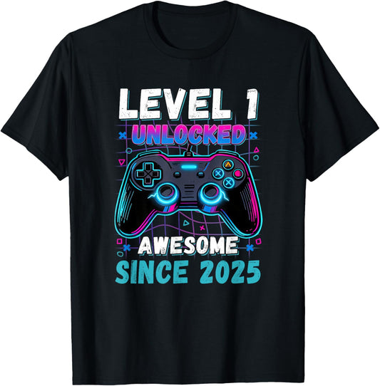 Level 1 Unlocked Awesome Since 2025 First 1st Birthday Boys T-Shirt - T-Shirt | Black