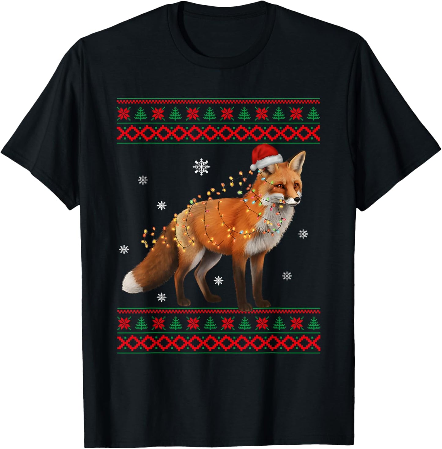 Fox Christmas Sweater Fox Christmas Tree Lights T-Shirt - T-Shirt | Black