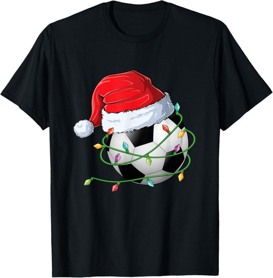 Christmas Soccer Santa Hat wrapped in Holiday Lights T-Shirt - T-Shirt | Black