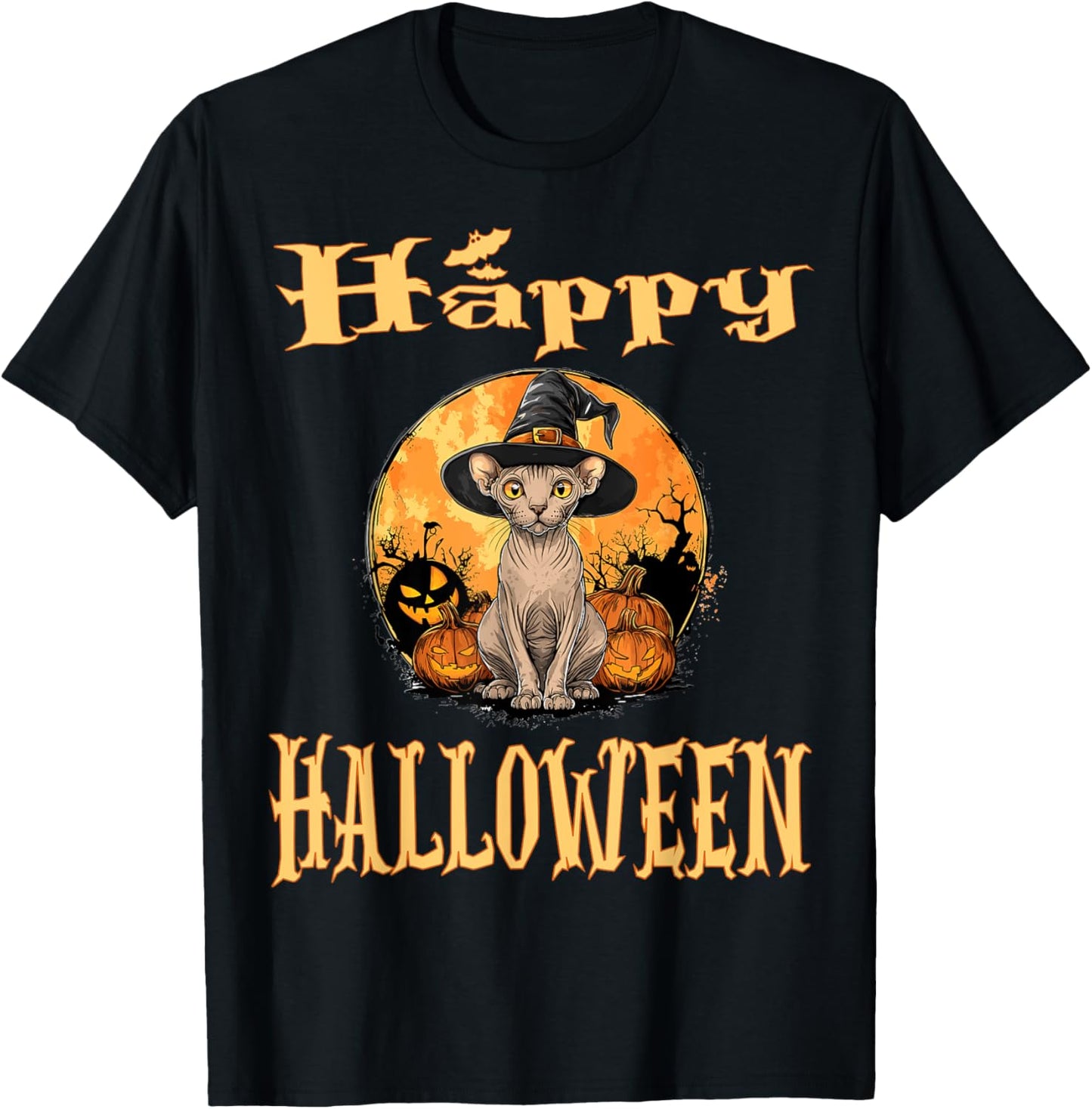 Sphynx Cat Animal Whitch Hat Halloween Pumpkin Spooky Happy Women Kids T-Shirt - T-Shirt | Black