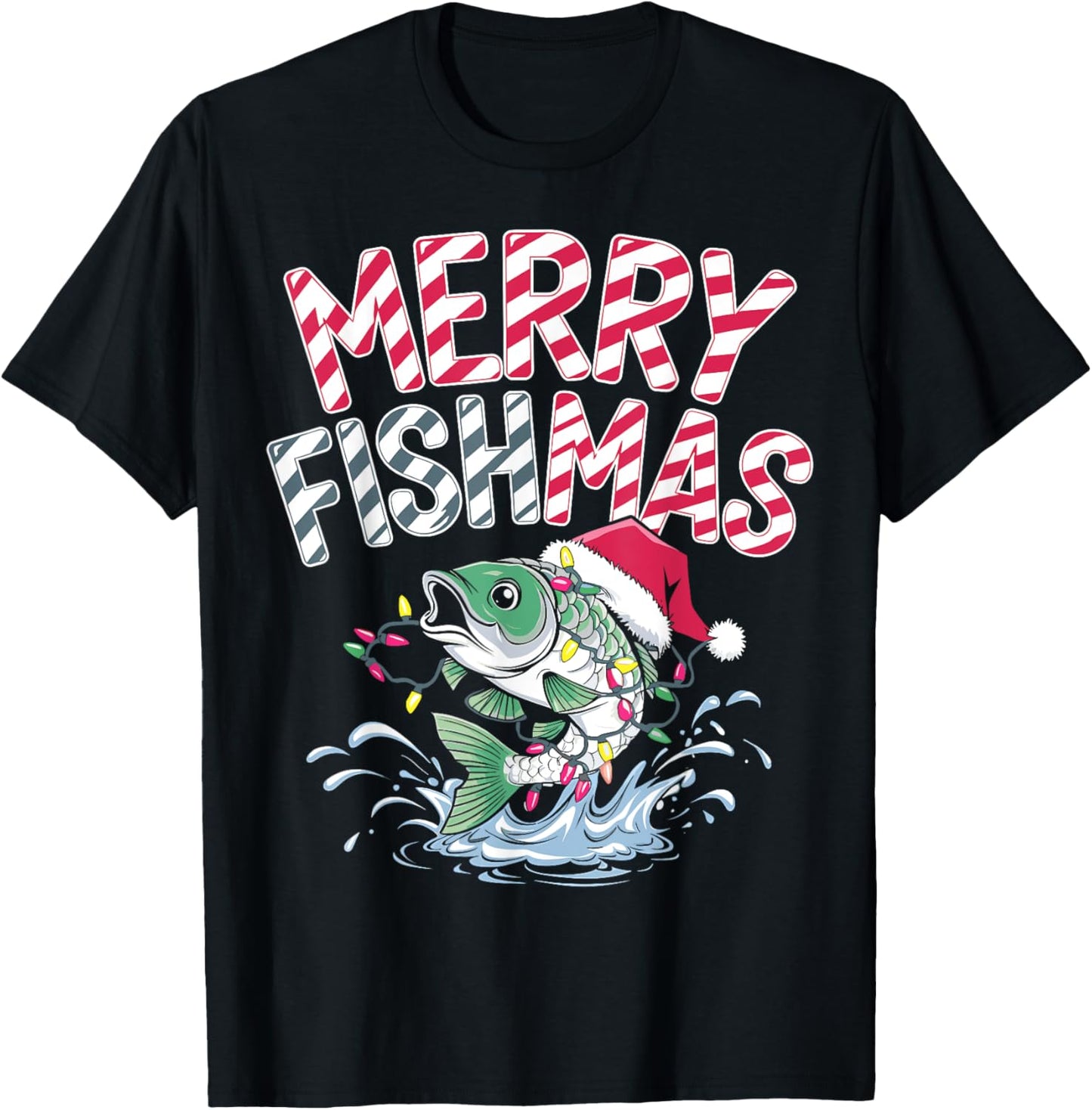Merry Fishmas Santa Fishing Lovers Funny Fisherman Christmas T-Shirt - T-Shirt | Black