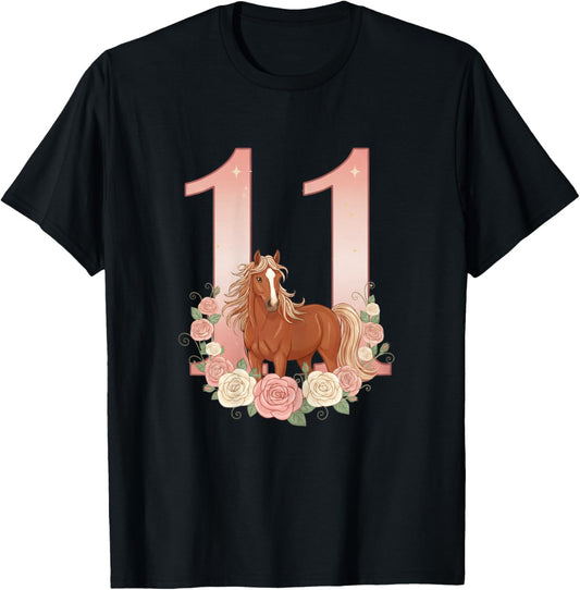 11th Birthday, Girl, Horse, Pony | 11 Year Old Girl's Birthday T-Shirt - T-Shirt | Black