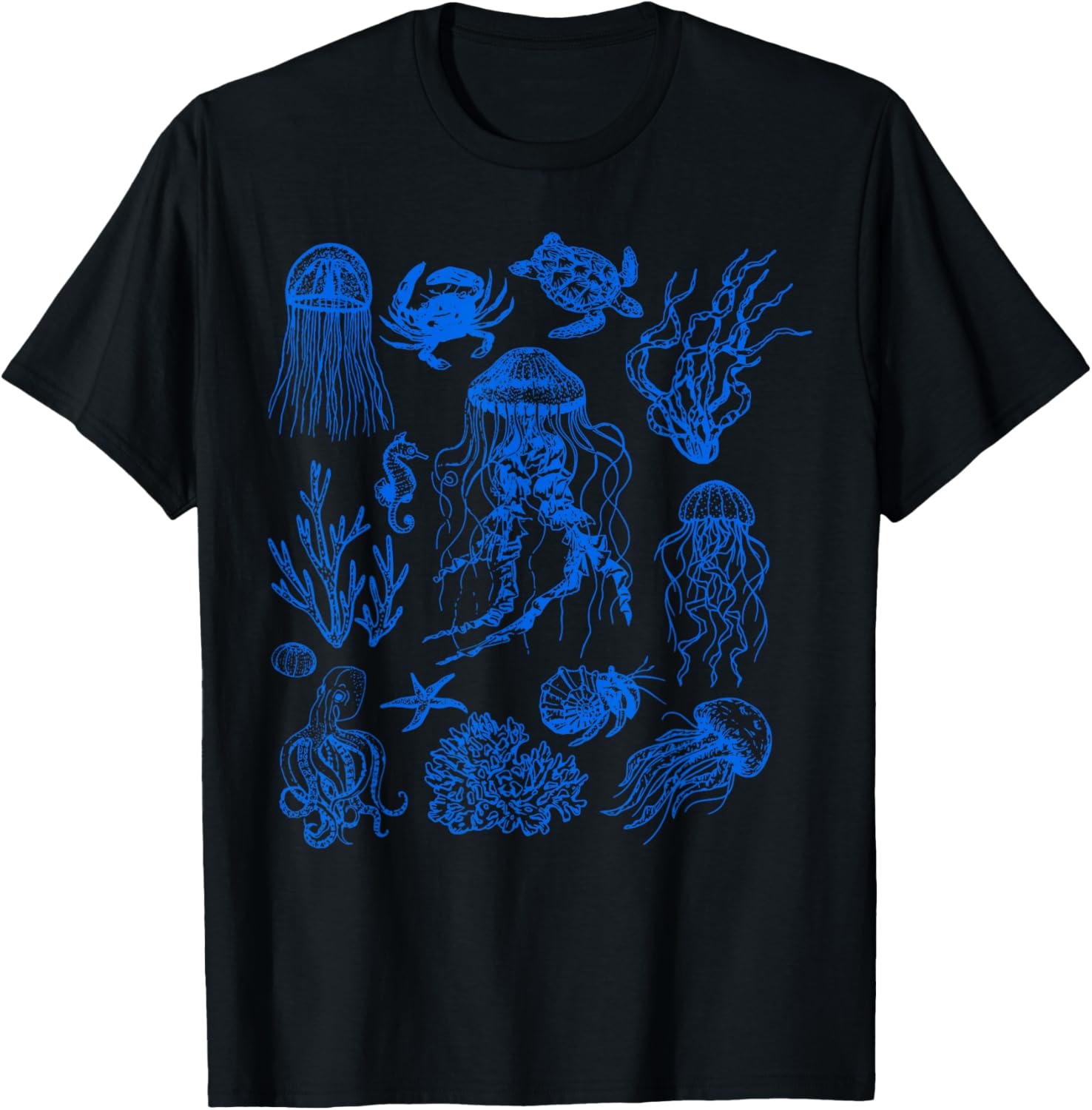 Retro Sea Life Aesthetic Crab Jellyfish Starfish Octopus 90s T-Shirt - T-Shirt | Black
