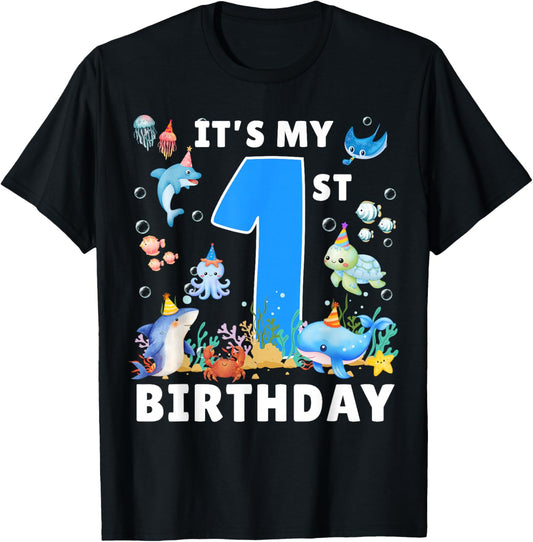 1st Birthday Under The Sea 1 Years Old Ocean Party Theme T-Shirt - T-Shirt | Black