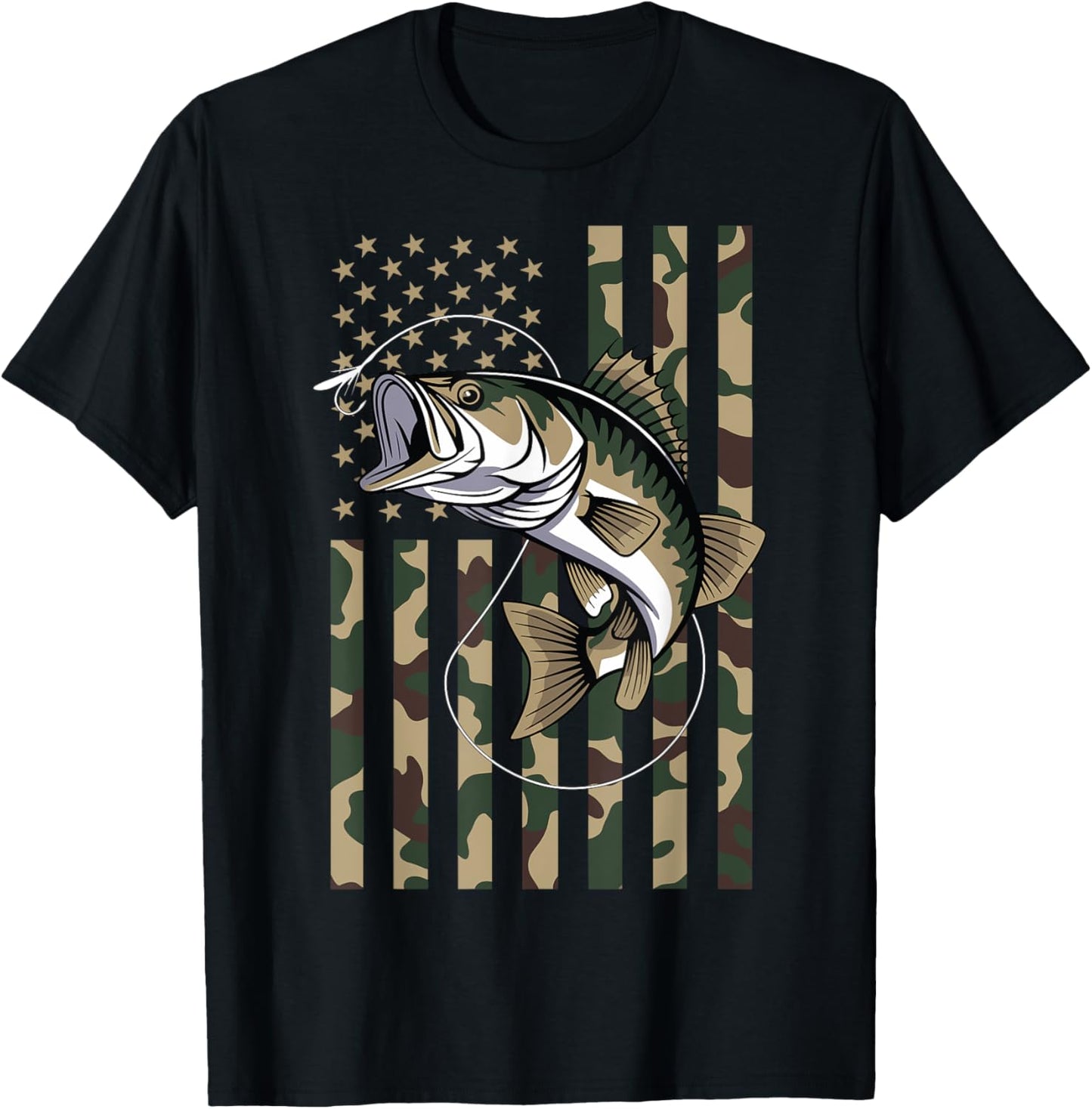 Camo US Flag Bass Fish Fishing Patriotic Men Women T-Shirt - T-Shirt | Black
