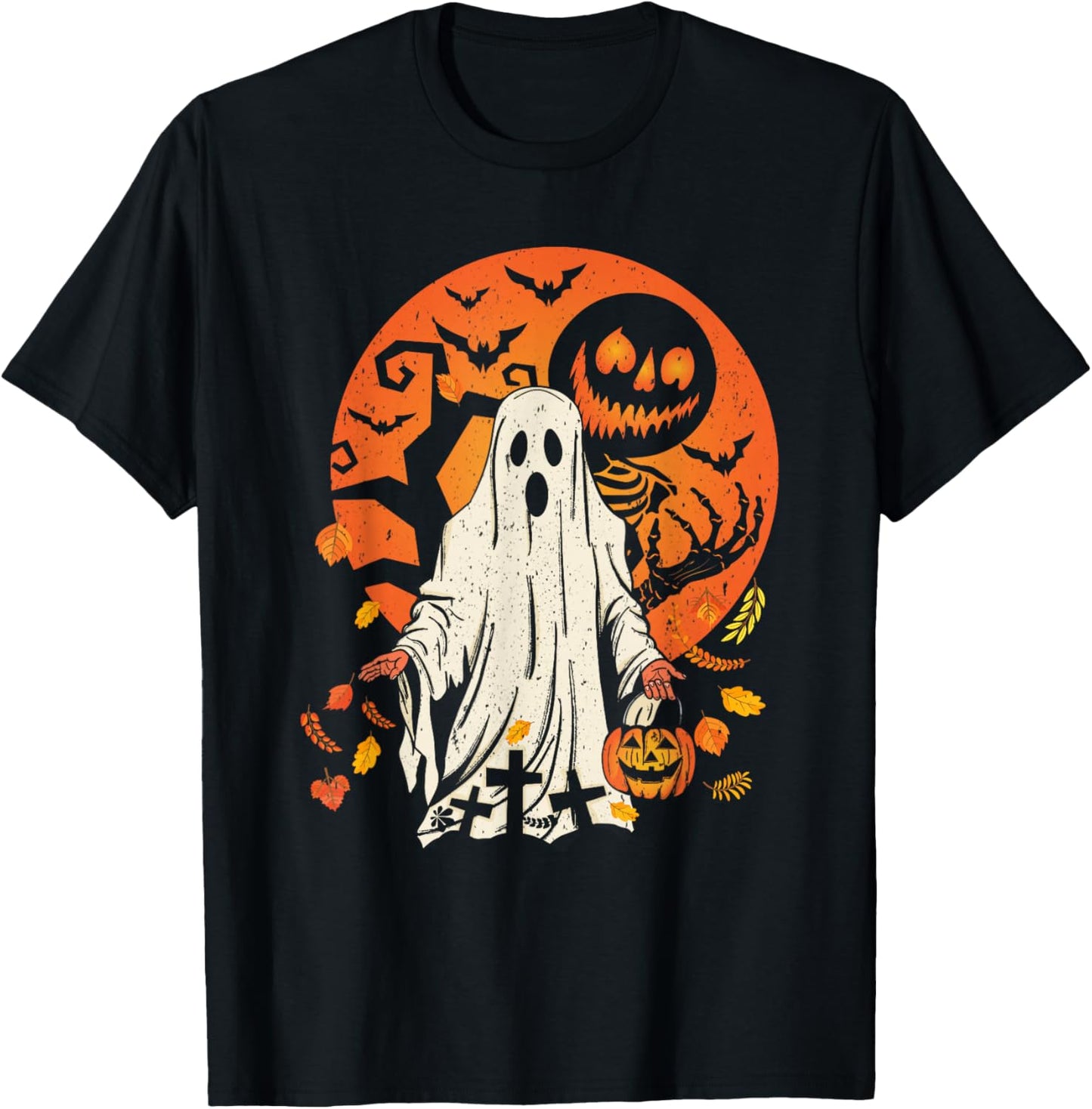 Cute Pumpkin Ghost And Autumn Leaves Halloween T-Shirt - T-Shirt | Black