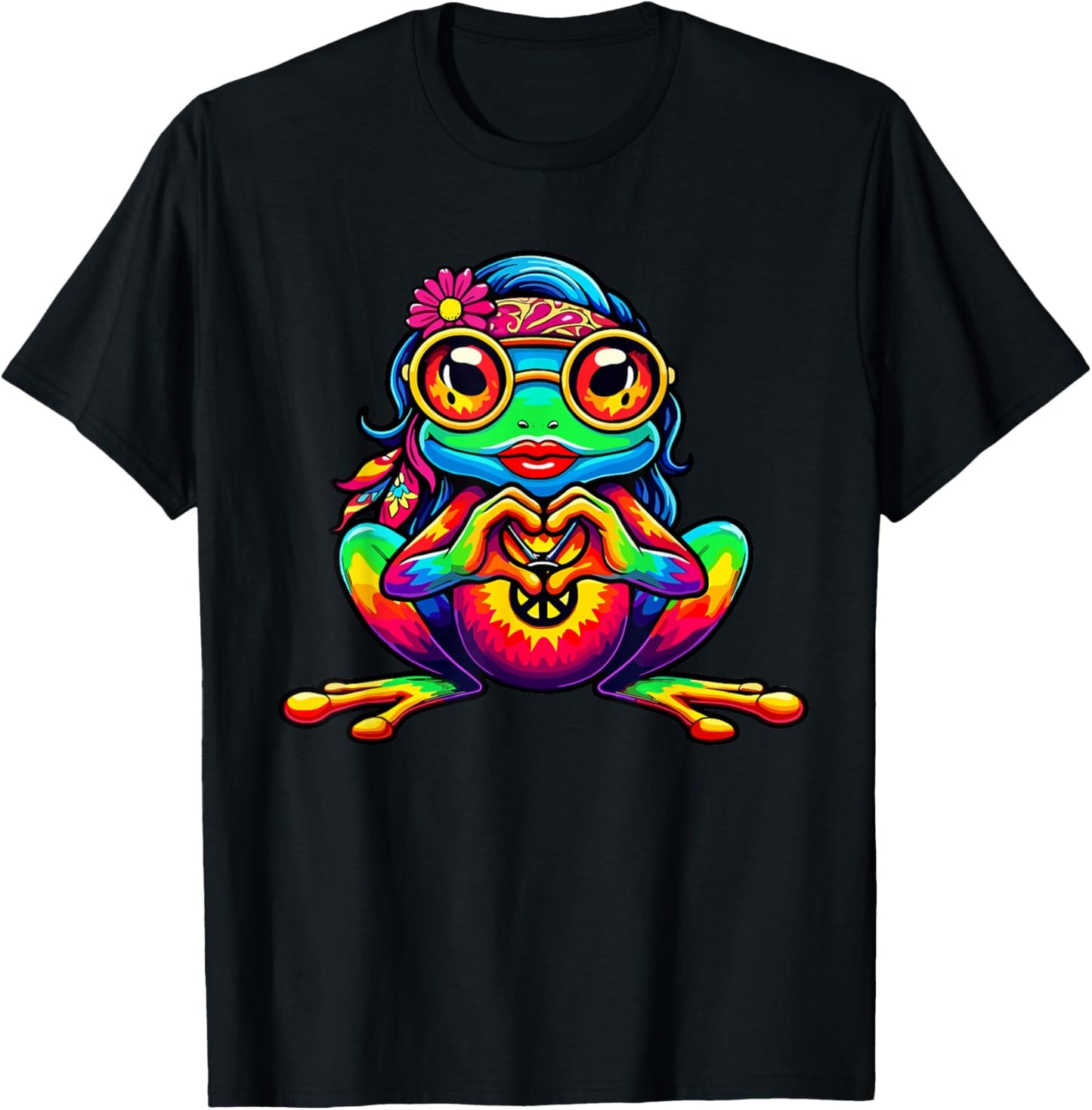 Hippie Frog Tie-Dye Girls Women Heart Hand 70s 60s Peace T-Shirt - T-Shirt | Black