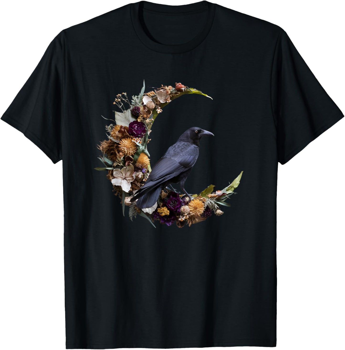 Gothic Crow Floral Moon Raven Goth Flowers Bird T-Shirt - T-Shirt | Black