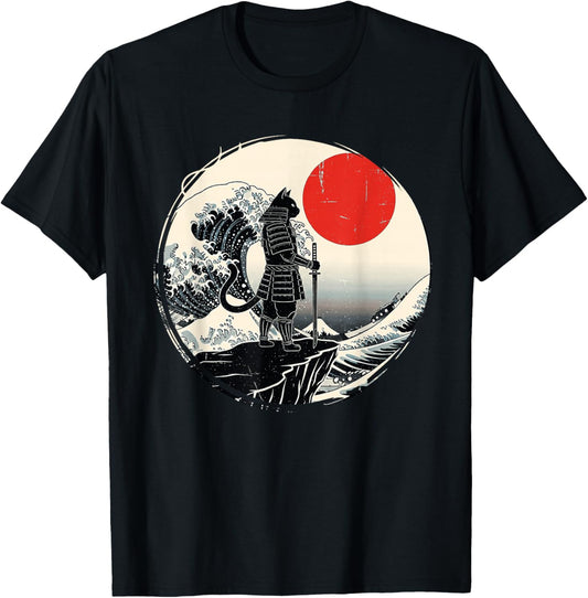 Samurai Cat Graphic Warrior Vintage Art Japanese Anime T-Shirt - T-Shirt | Black