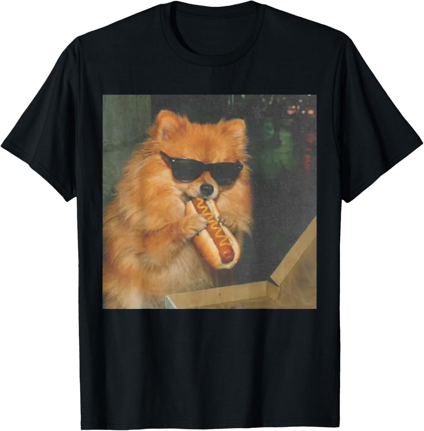 Pomeranian Dog Eating Hot Dog Funny Dog Meme T-Shirt - T-Shirt | Black
