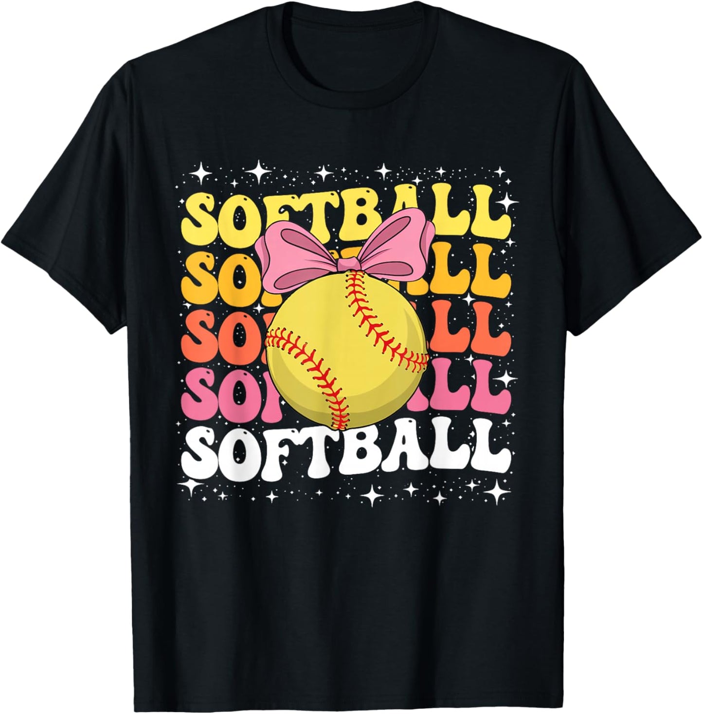 Groovy Softball Coquette Bow Softball Lover Mom T-Shirt - T-Shirt | Black