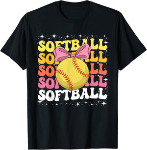 Groovy Softball Coquette Bow Softball Lover Mom T-Shirt - T-Shirt | Black