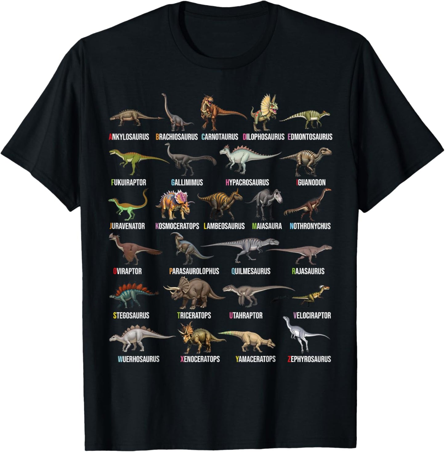 Dinosaur Alphabet A to Z - Educational Dino Chart for Kids T-Shirt - T-Shirt | Black