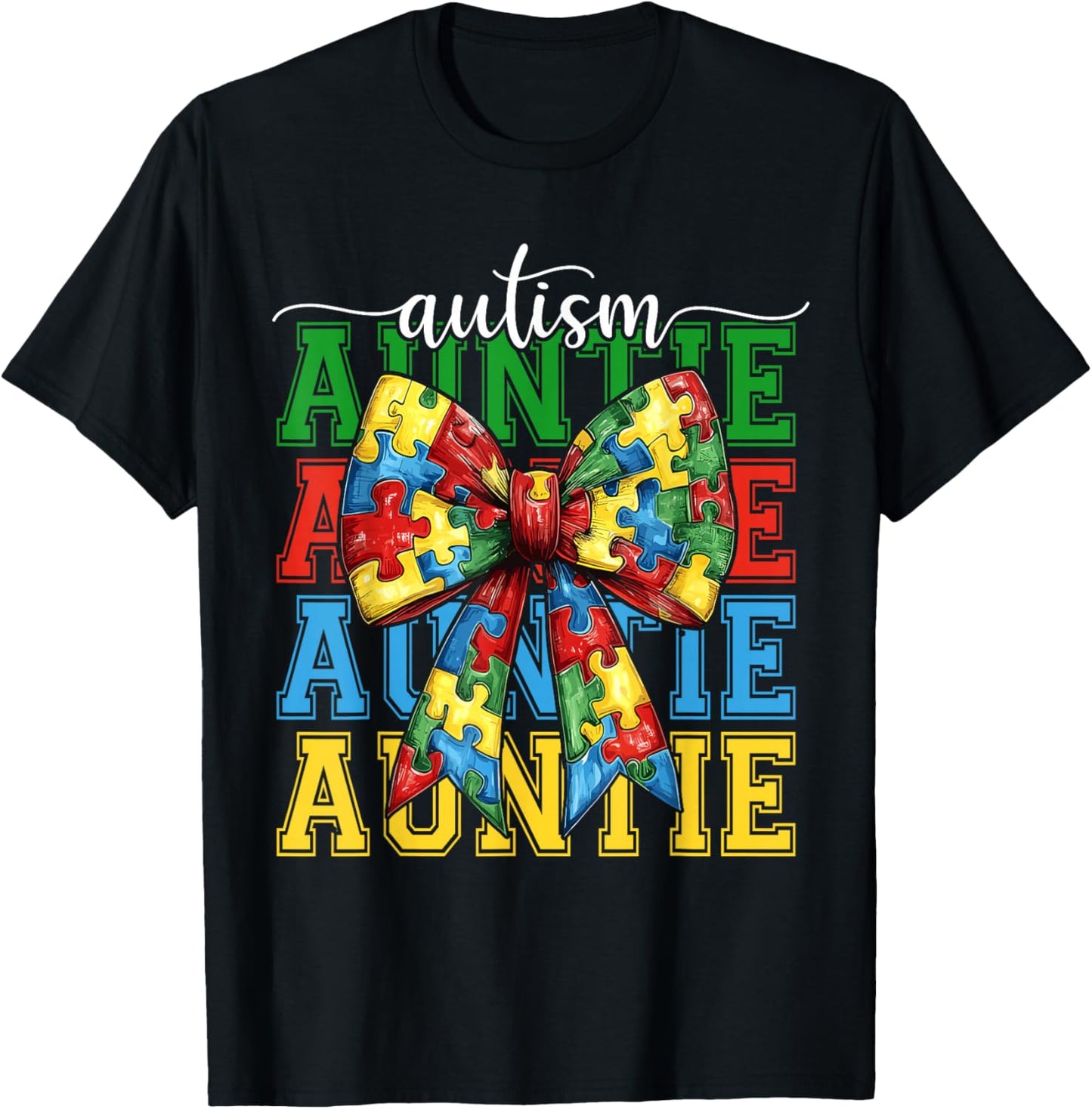 Autism Auntie Puzzle Coquette Bow Autism Awareness Aunt T-Shirt - T-Shirt | Black