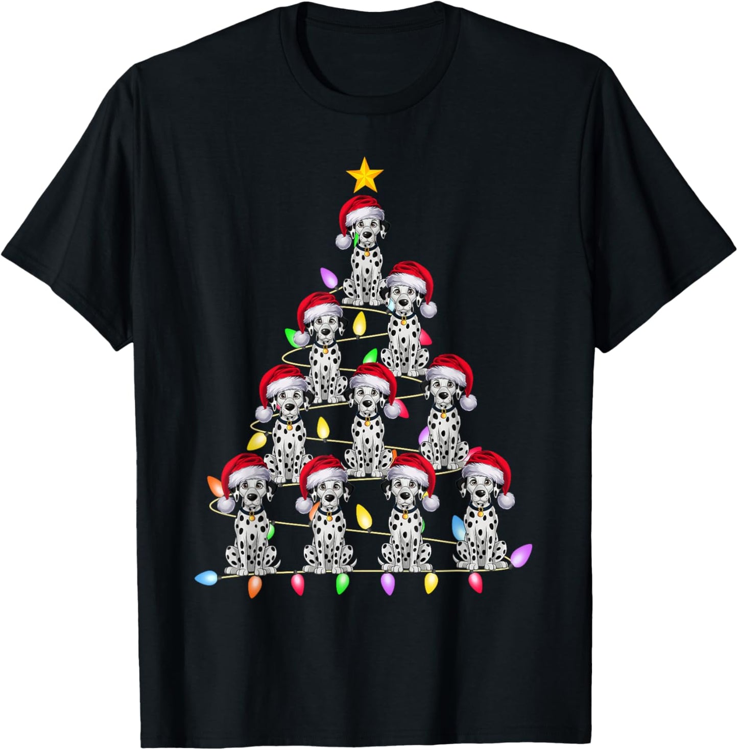 Christmas Tree Lights Men Women Santa Dalmatian Dog Xmas PJs T-Shirt - T-Shirt | Black