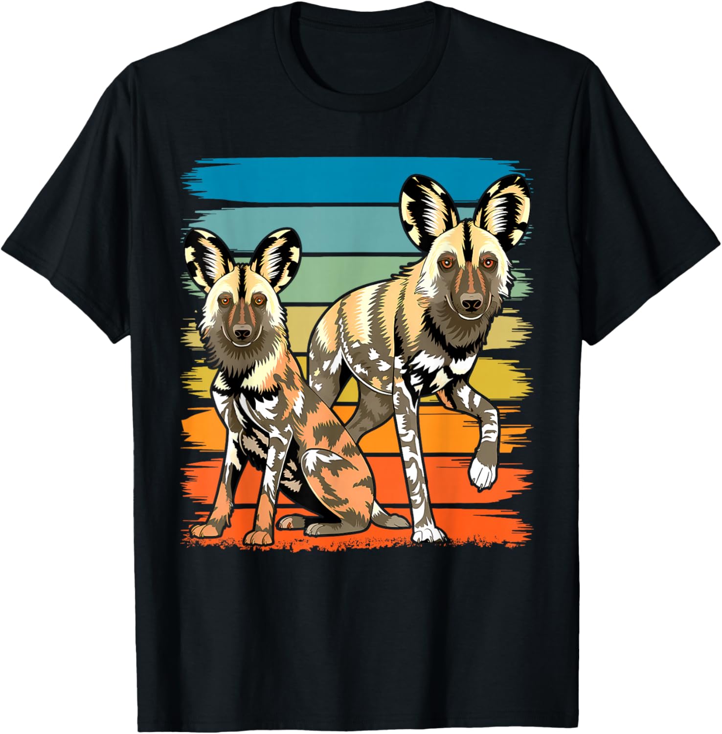 African Painted Wild Dogs Sunset Moon Wild Dog Lovers Design T-Shirt - T-Shirt | Black