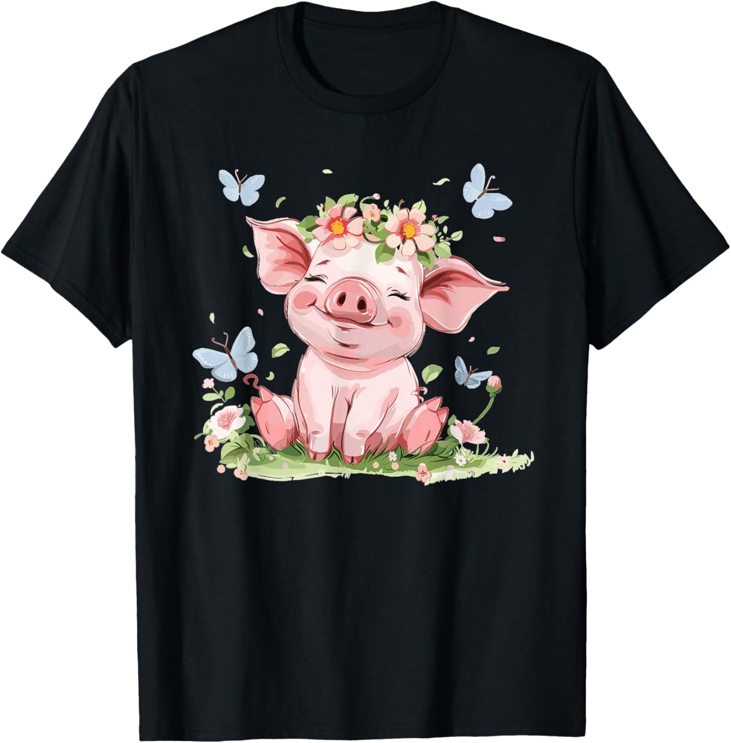 Cute Pig with Flowers I Kids Pig T-Shirt - T-Shirt | Black