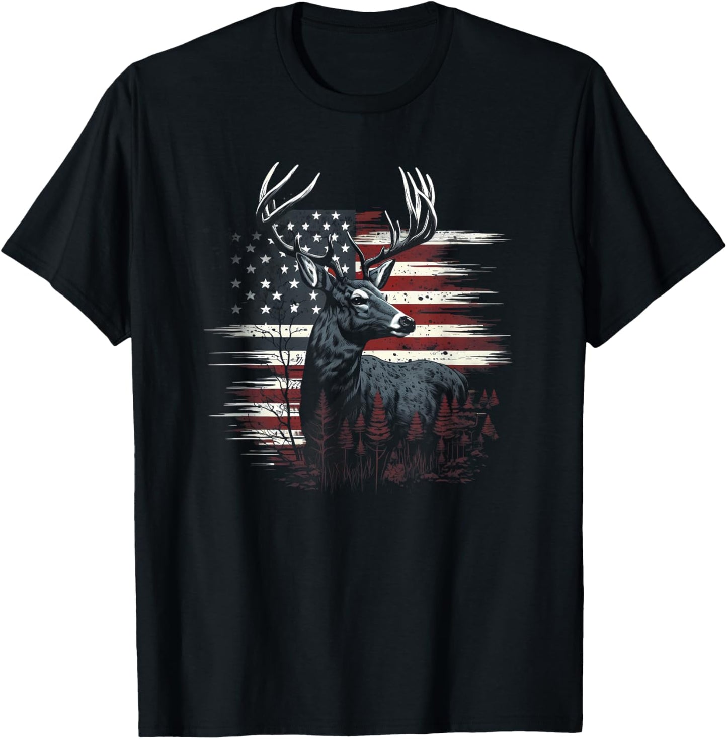 Deer Hunting American Flag Whitetail Buck Antlers T-Shirt - T-Shirt | Black