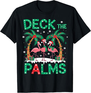 Deck the Palms Flamingo Tropical Christmas Lights Palm Tree T-Shirt - T-Shirt | Black