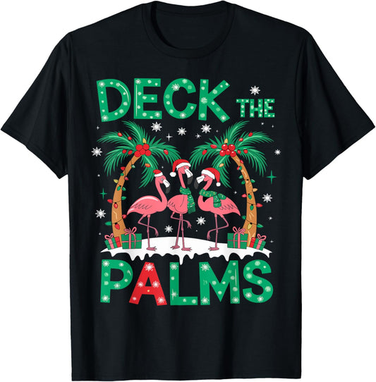 Deck the Palms Flamingo Tropical Christmas Lights Palm Tree T-Shirt - T-Shirt | Black