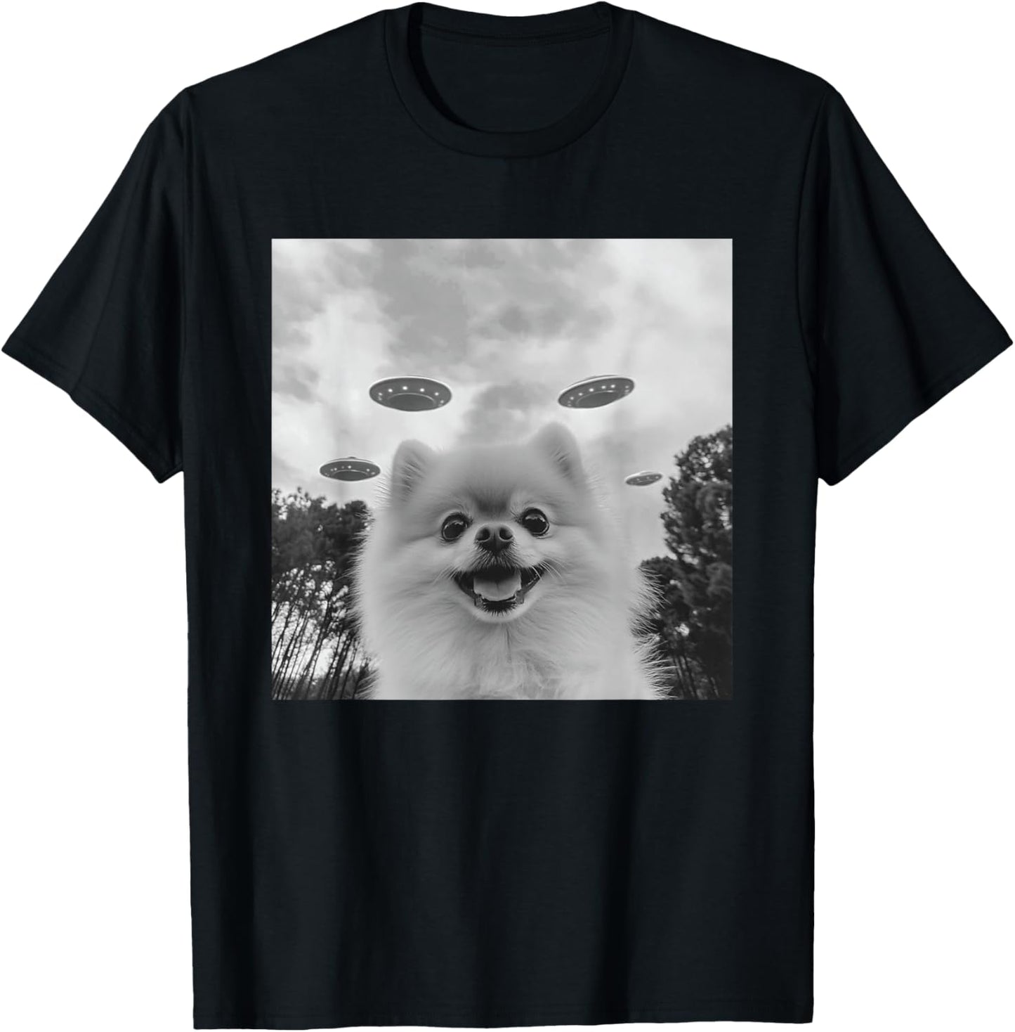 Cute Pomeranian Dog Selfie With UFO UAP Invasion Alien T-Shirt - T-Shirt | Black