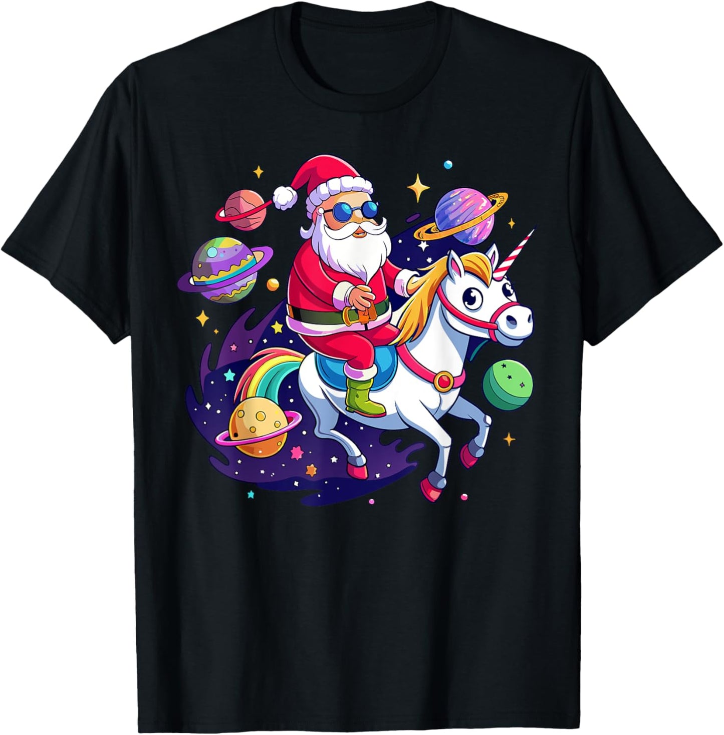 Christmas Santa Riding Unicorn Cute Xmas Holiday Girls Women T-Shirt - T-Shirt | Black