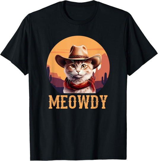 Meowdy Cat Cowboy Hat Funny Vintage Graphic T-Shirt - T-Shirt | Black