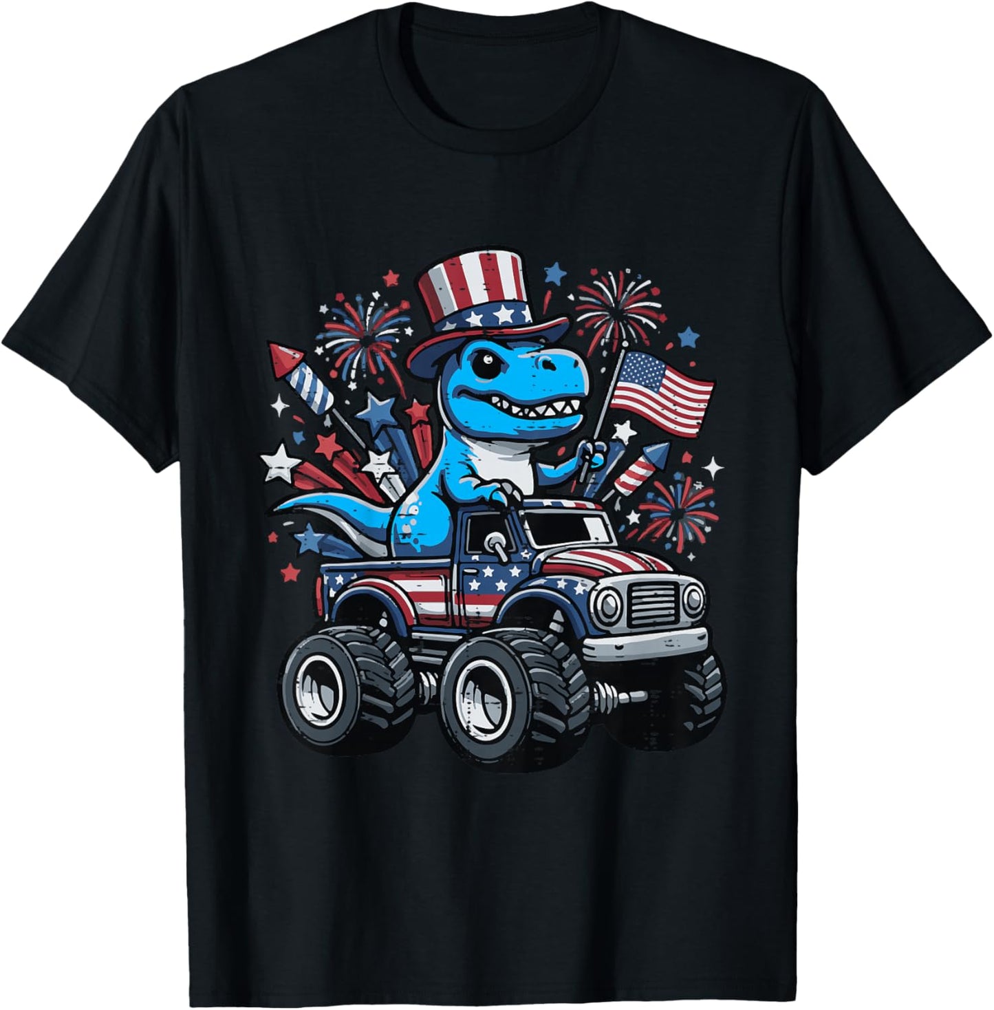 Kids 4th of July Dino On Monster Truck Trex Patriotic Boys Kids T-Shirt - T-Shirt | Black