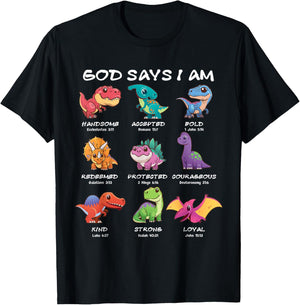 God Says I Am Dinosaur Funny Dino Kids Boys Bible Verse T-Shirt - T-Shirt | Black