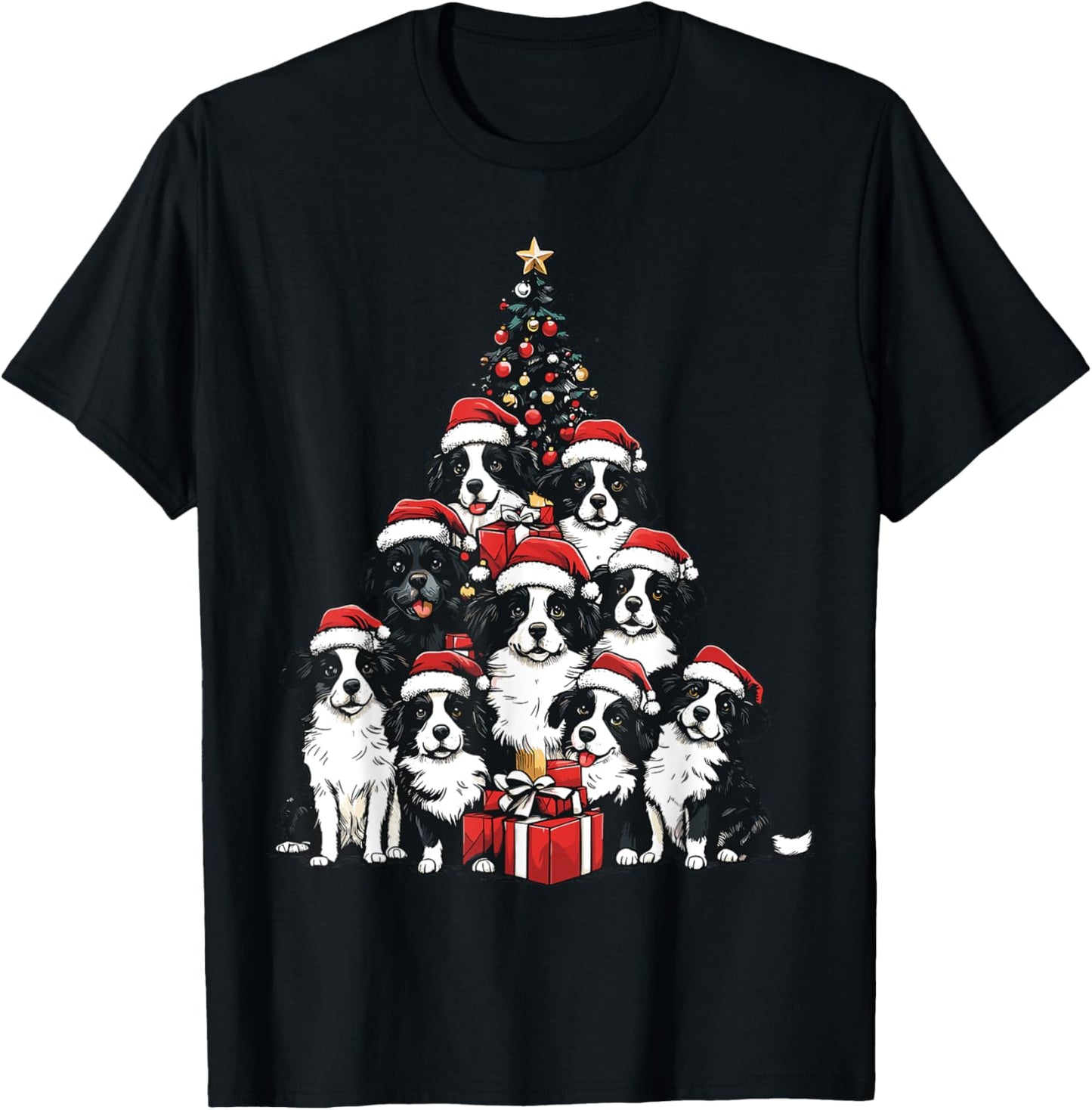 Border Collie Santa Christmas Tree Xmas Dog Lover Pajama T-Shirt - T-Shirt | Black