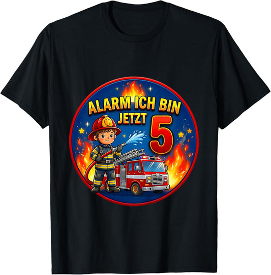 Children's Birthday Fire Brigade Gifts Alarm 5 Years Boy T-Shirt - T-Shirt | Black