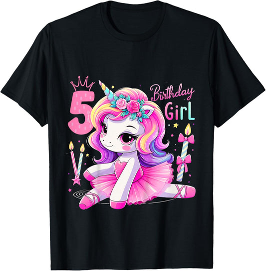 5th Birthday Girl Unicorn Ballet Five 5 Year Old Ballerina T-Shirt - T-Shirt | Black