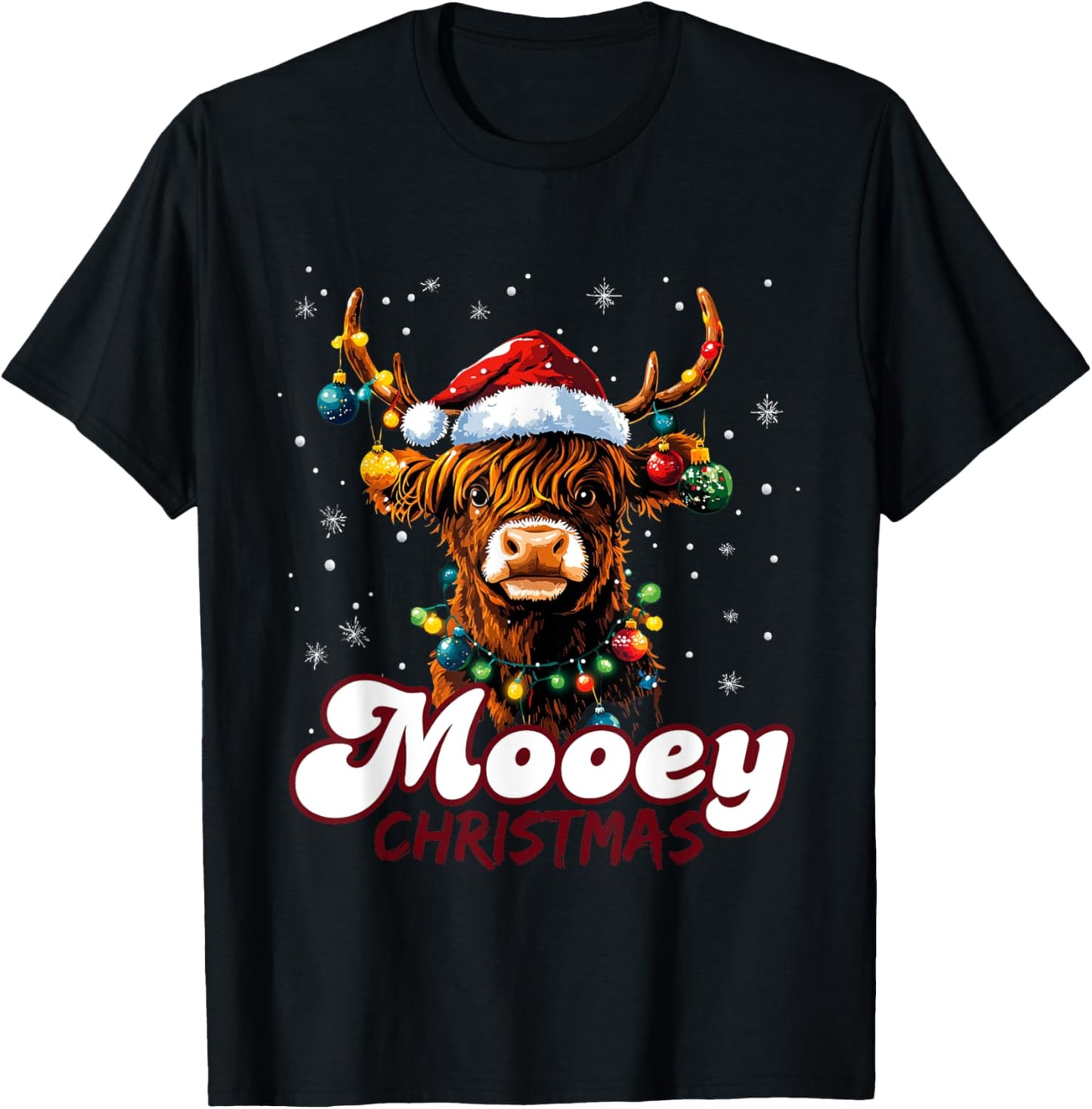Mooey Christmas Highland Cow with Santa Hat and Xmas Lights T-Shirt - T-Shirt | Black