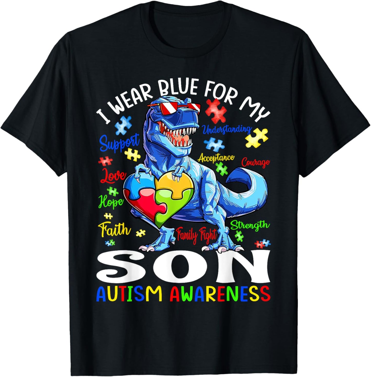 I Wear Blue For My Son Autism Awareness T Rex T-Shirt - T-Shirt | Black
