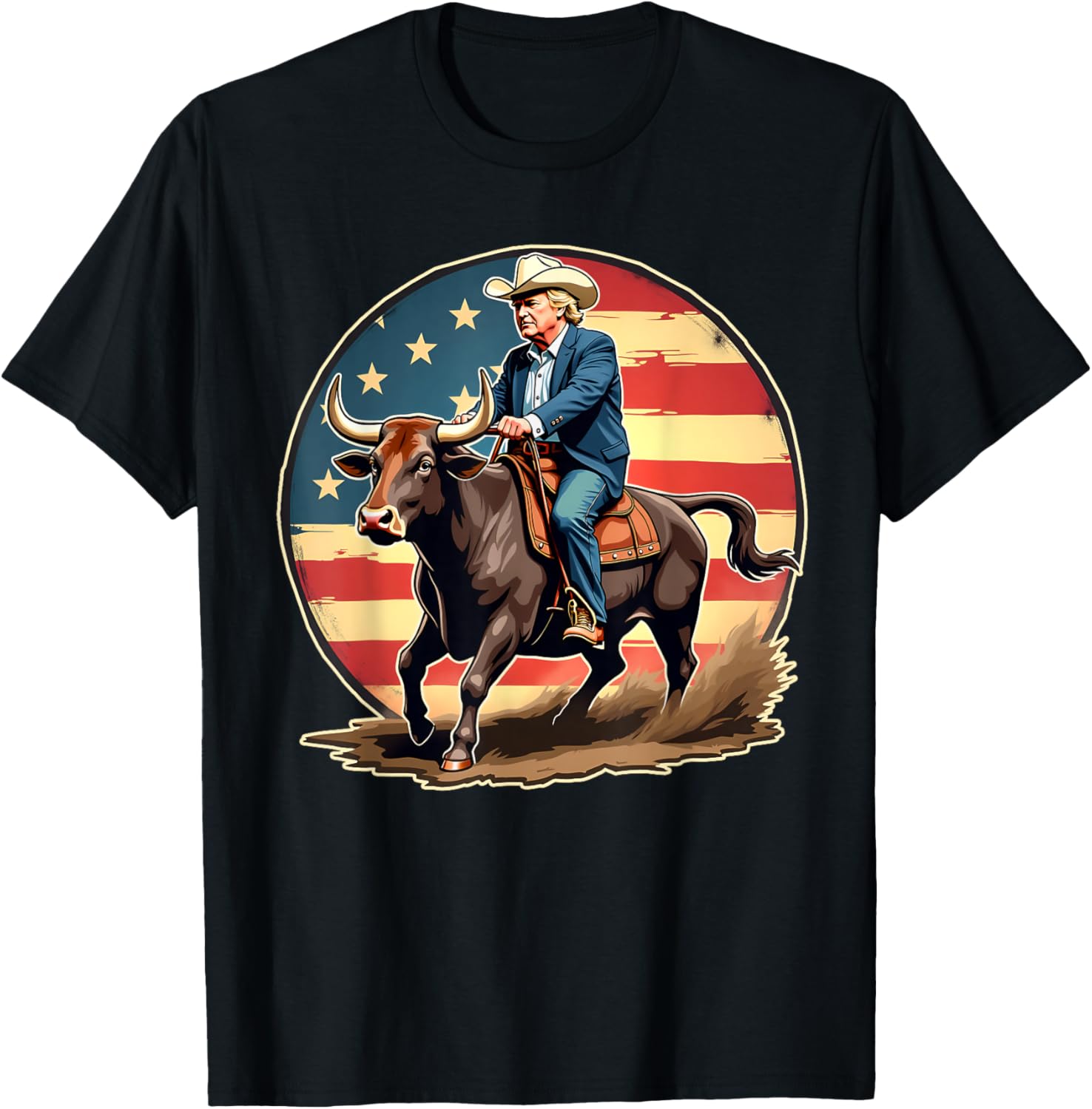 Trump Bull Rider American Flag USA Riding Rodeo Cowboy T-Shirt - T-Shirt | Black